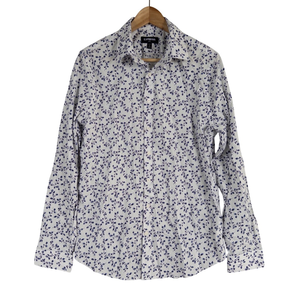 Express Dress Shirt Mens Sz Medium White Blue Floral Button Up Slim Fit Cotton